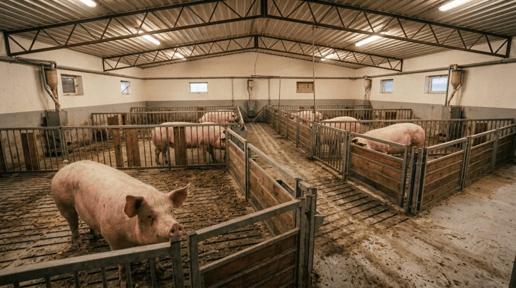 Pigs housed in individual metal pens inside a large indoor farming facility